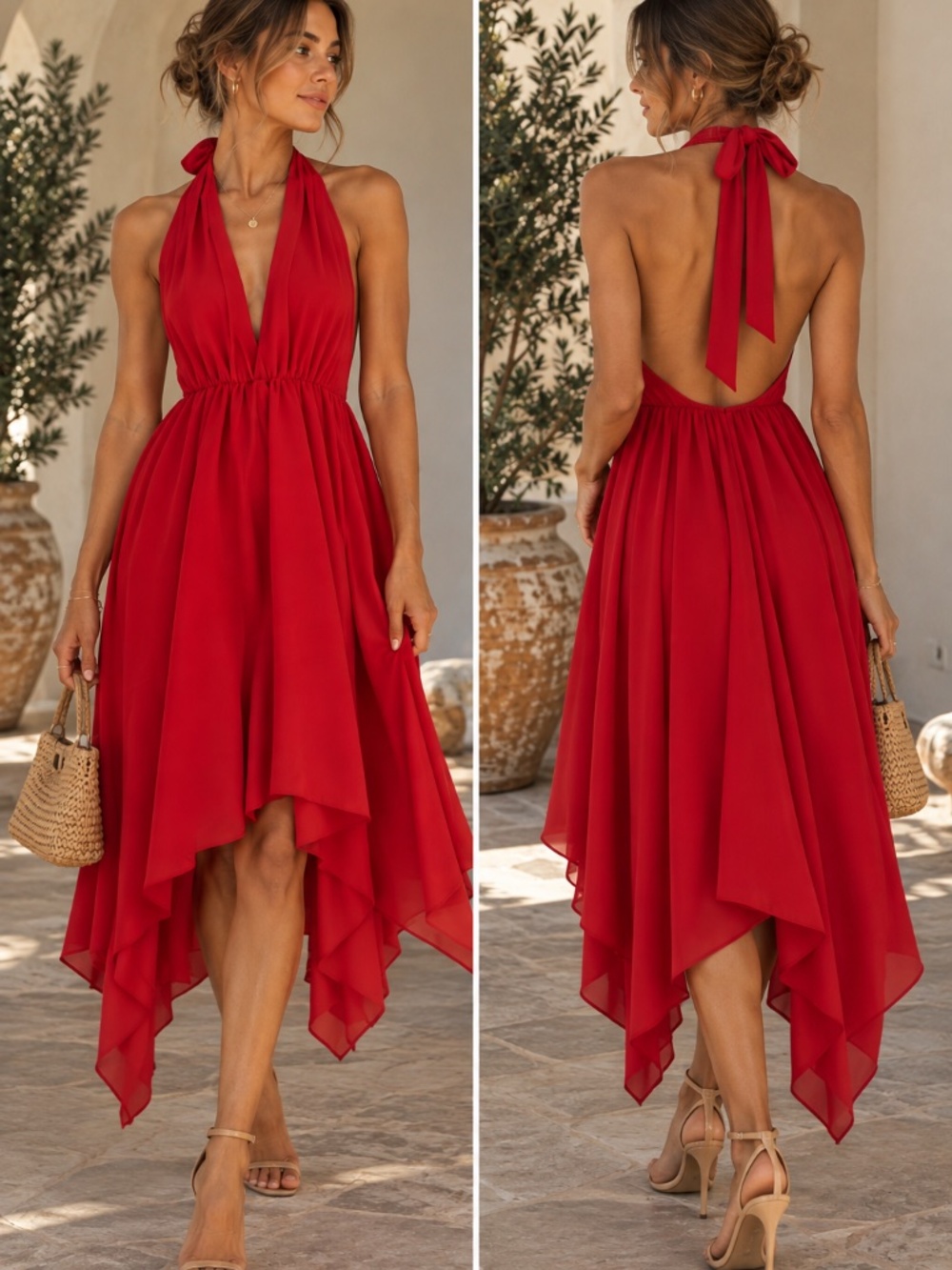 Red Halter Open Back Handkerchief Midi Dress Size Small